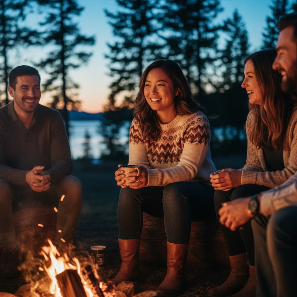 curve asian woman campfire evening gathering 71126938