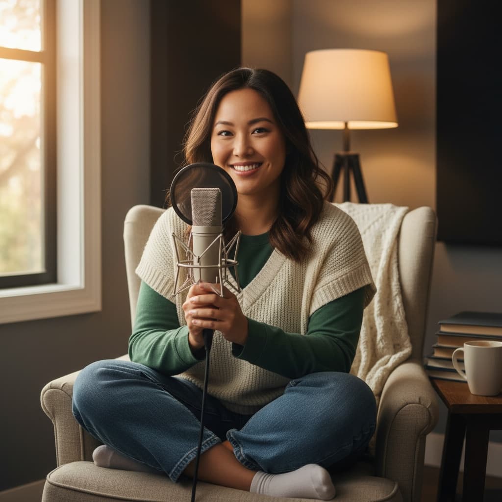 curve asian woman casual podcast setup 94754550