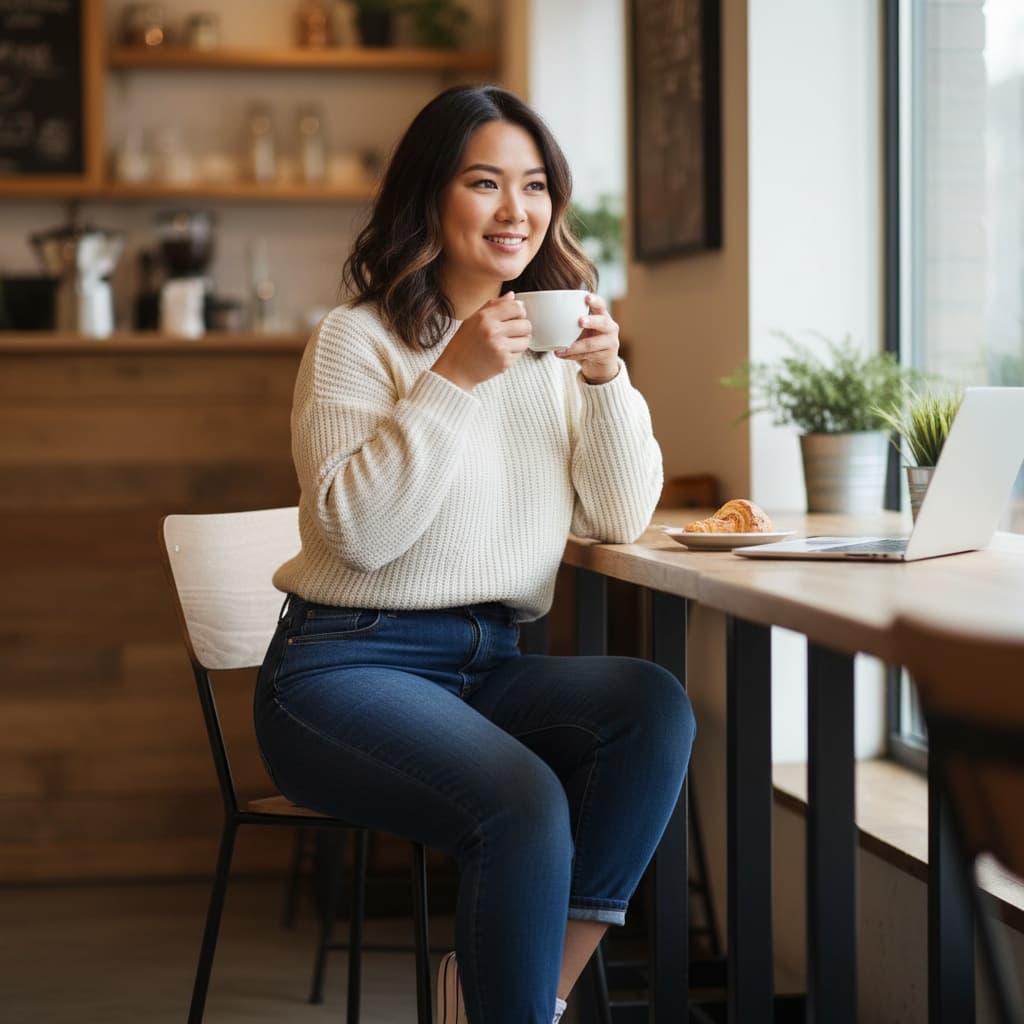curve asian woman coffee shop casual chic 49262992
