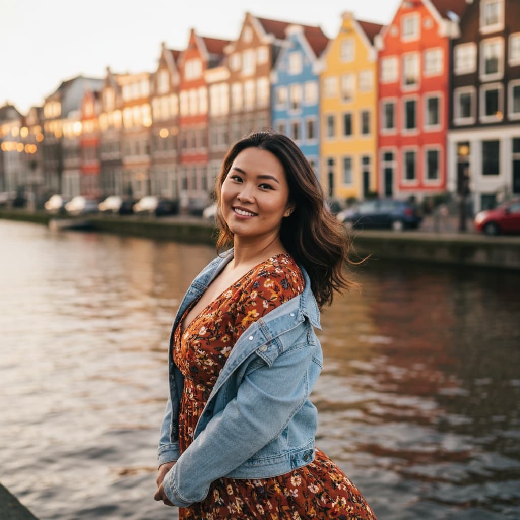 curve asian woman colorful canal houses backdrop 61309855