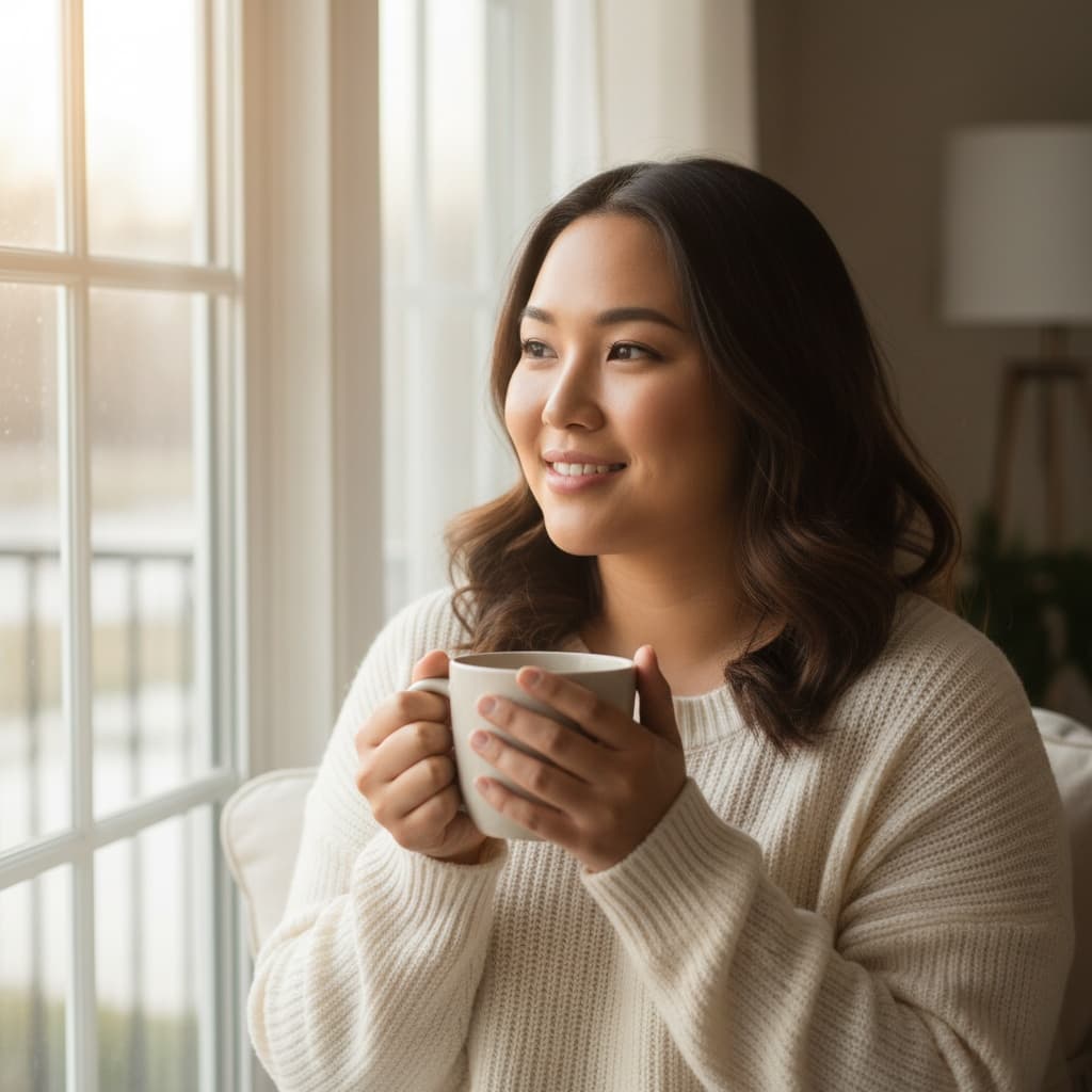 curve asian woman cozy morning coffee 98740547