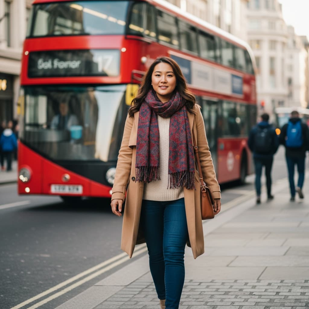 curve asian woman double decker bus street 22886549