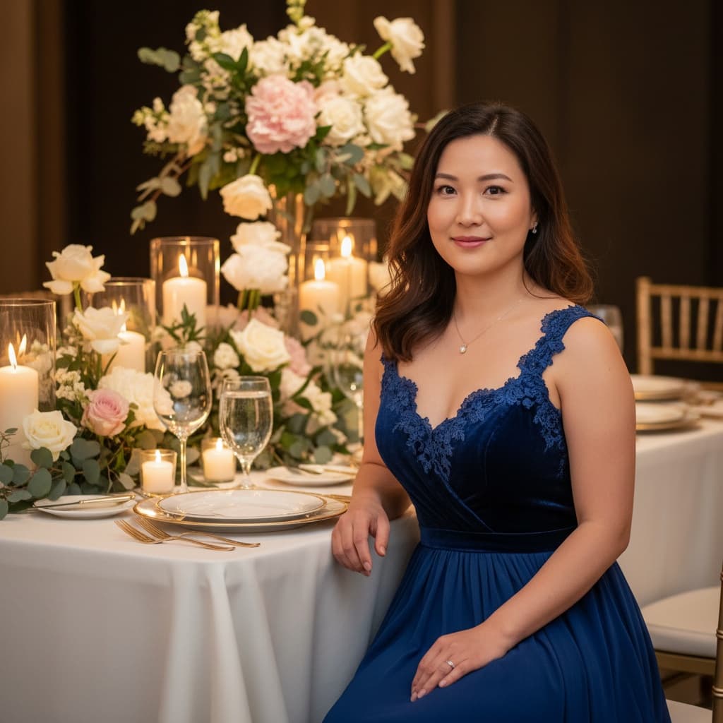 curve asian woman formal dinner table 60764742