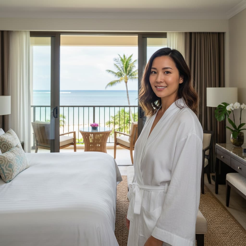 curve asian woman luxury room ocean balcony 68710025