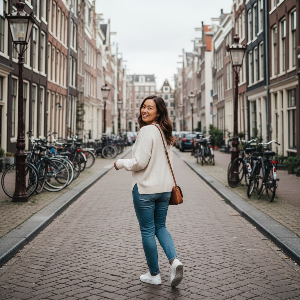 curve asian woman narrow street bicycles 62153969
