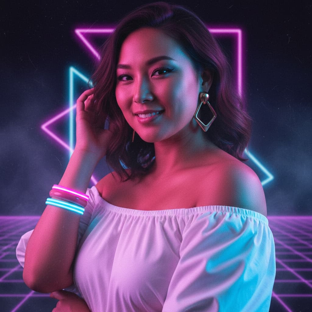 curve asian woman neon portrait pink blue 77205824