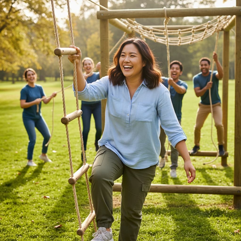curve asian woman outdoor team challenge action 83340446