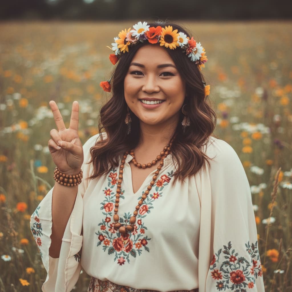 curve asian woman peace sign flower crown 57988778