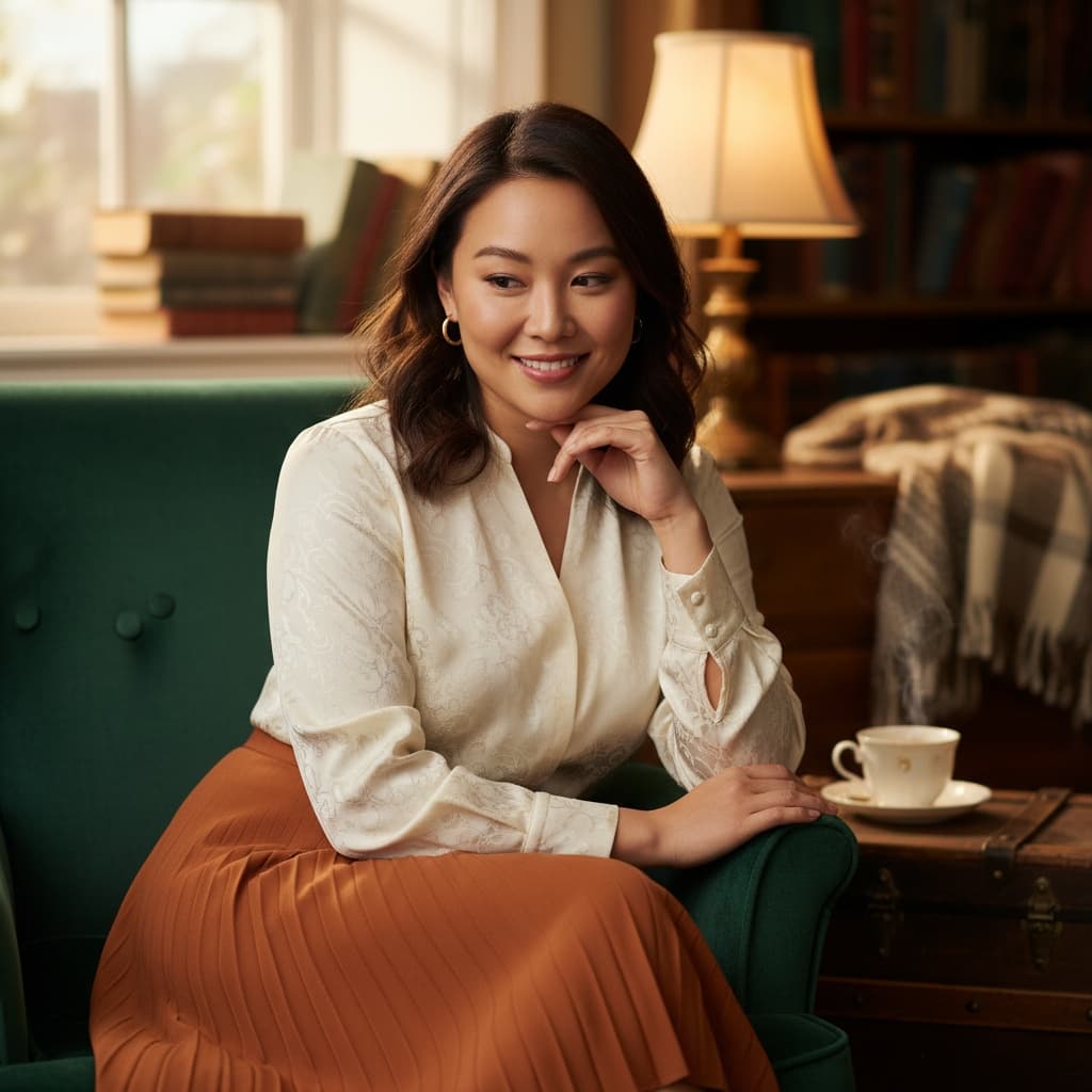 curve asian woman seated reflection portrait 89558806