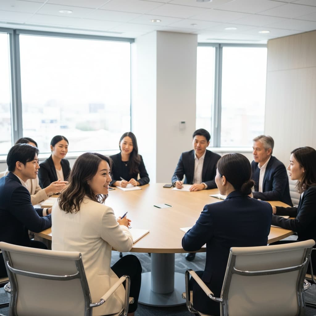curve asian woman seated roundtable discussion 62494612