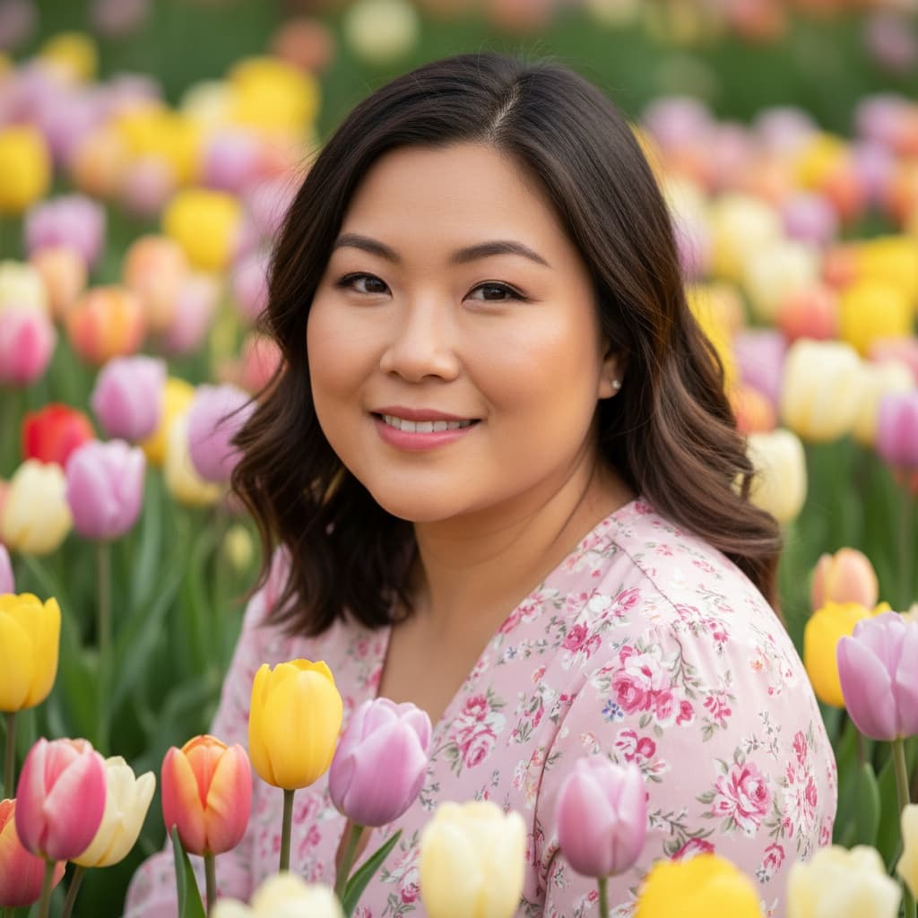 curve asian woman tulip field closeup portrait 70525894