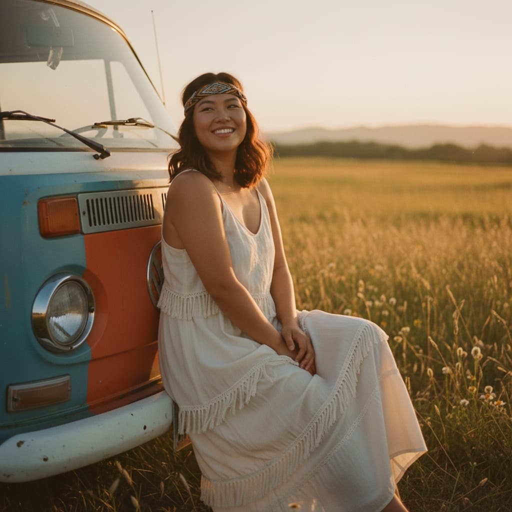 curve asian woman vw van outdoor portrait 93423146