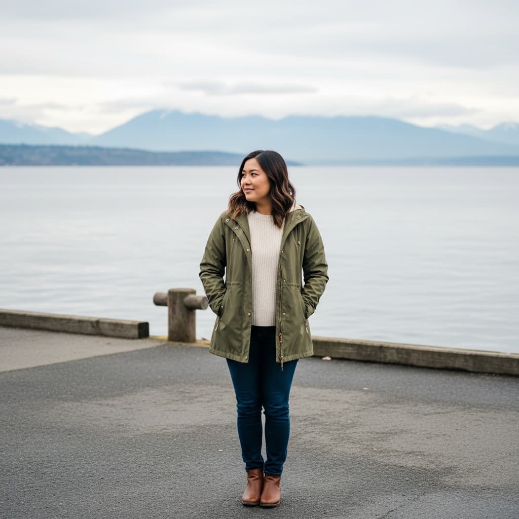 curve asian woman waterfront puget sound 93943057