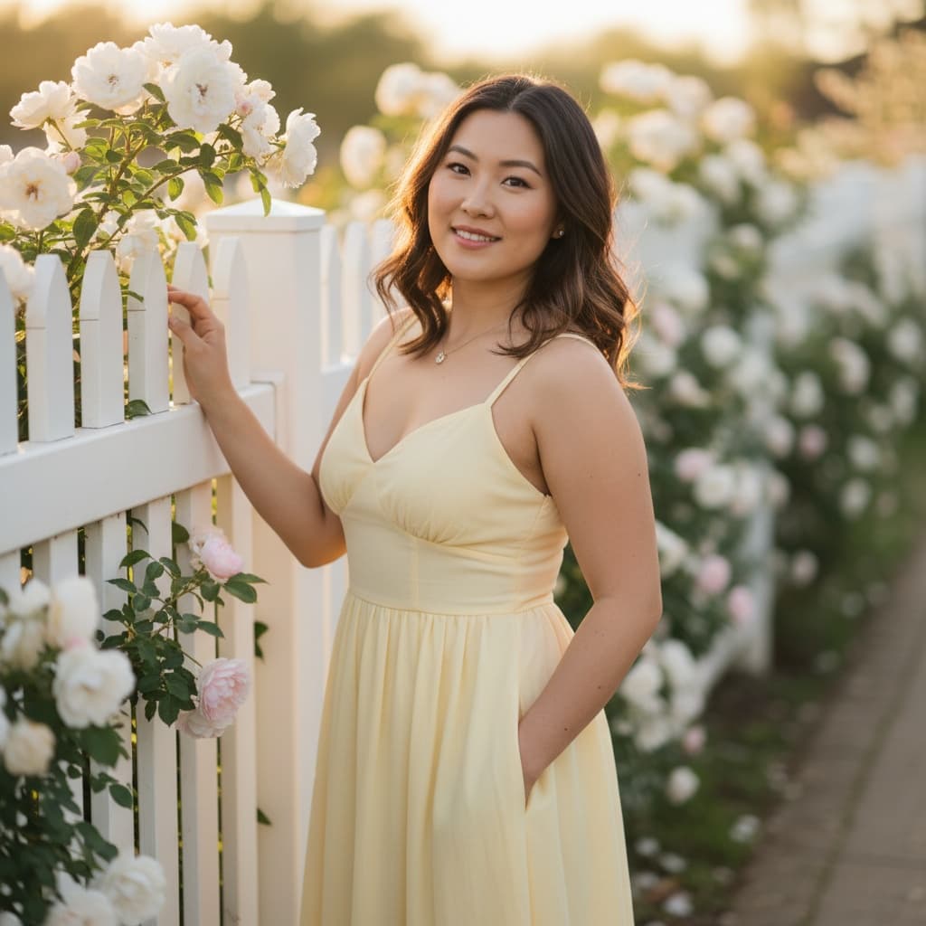 curve asian woman white picket fence spring 63015819