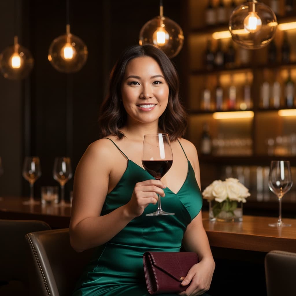 curve asian woman wine bar elegant setting 49604017