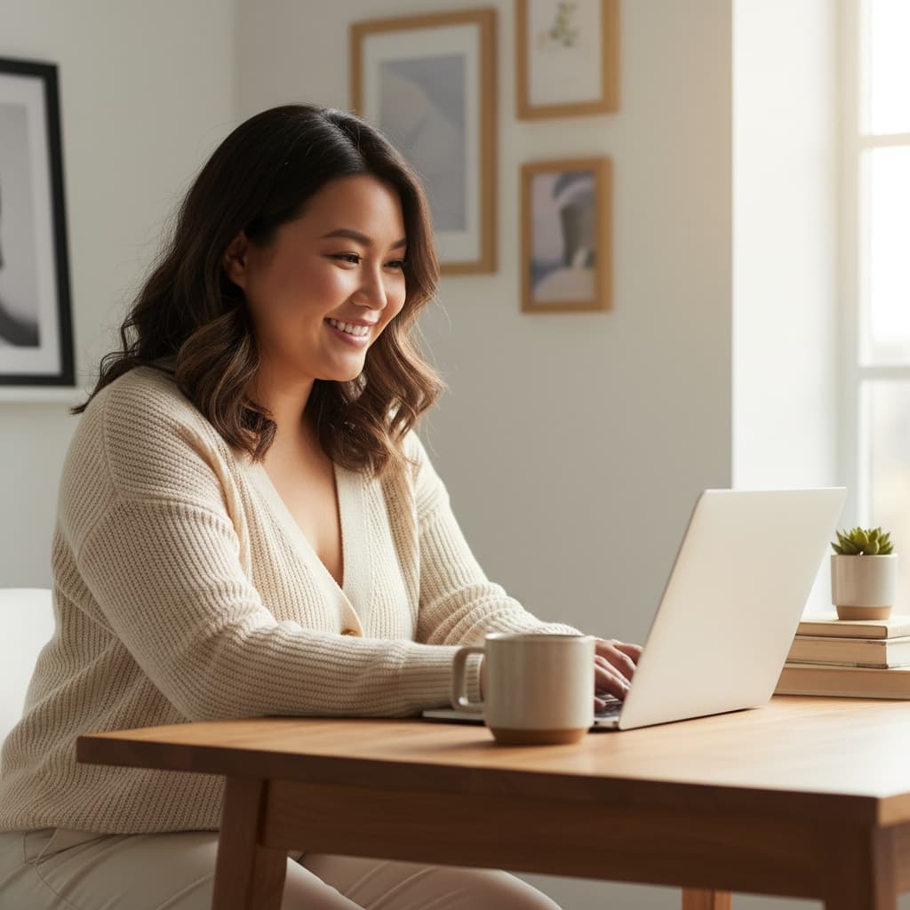 curve asian woman work from home desk 98178464