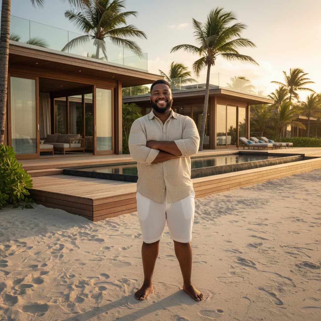 curve black man beachfront exterior golden hour 83293250