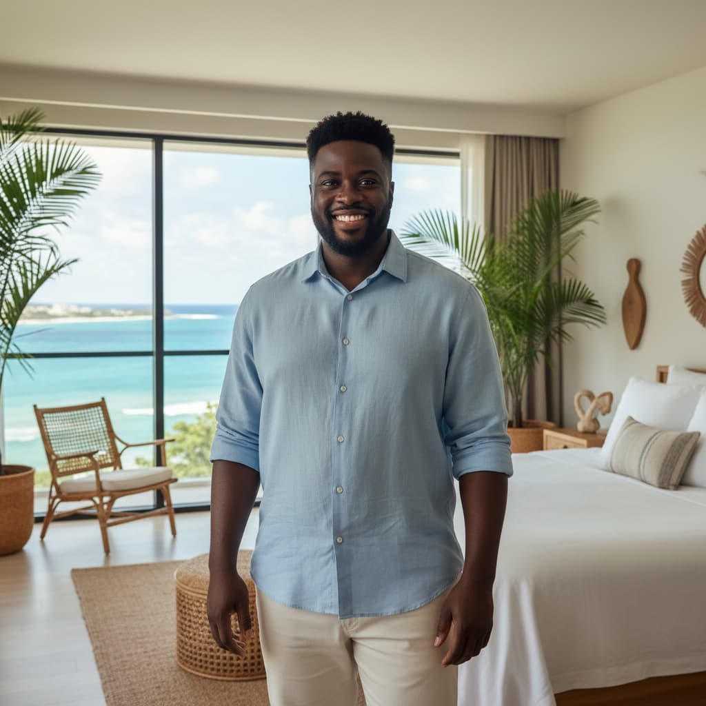 curve black man bedroom ocean view 98689804