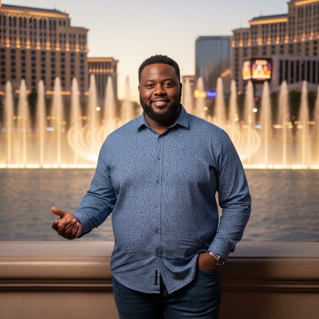 curve black man bellagio fountains evening 45669424