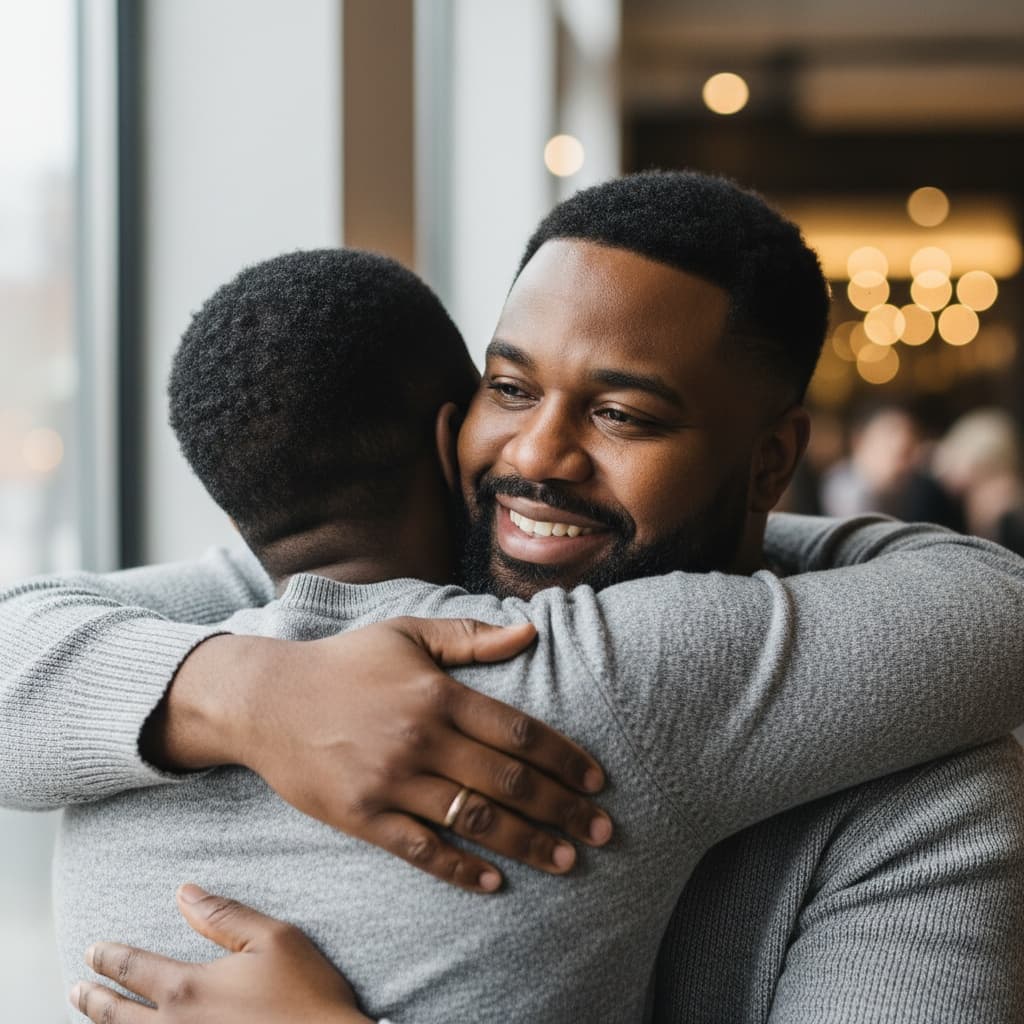 curve black man close up emotional reunion 44069057