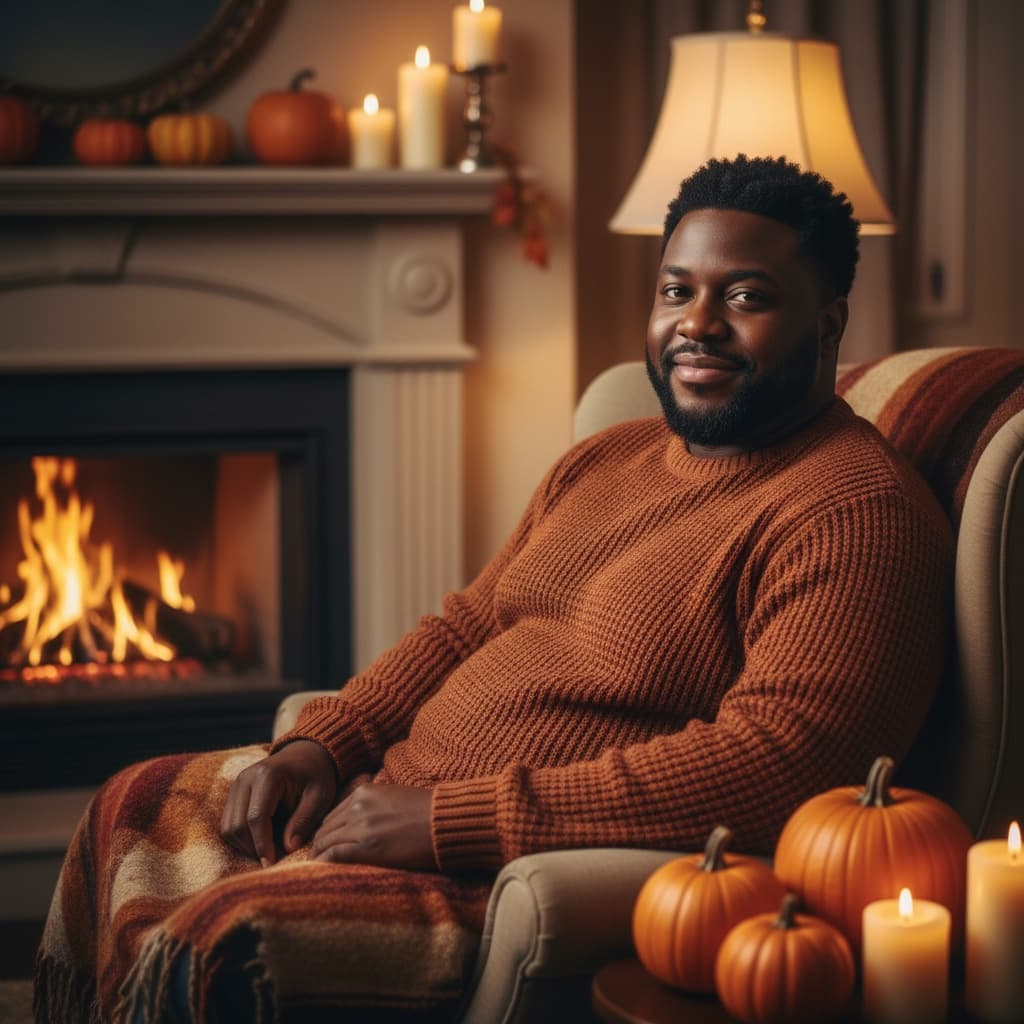 curve black man cozy fireplace thanksgiving 41538520