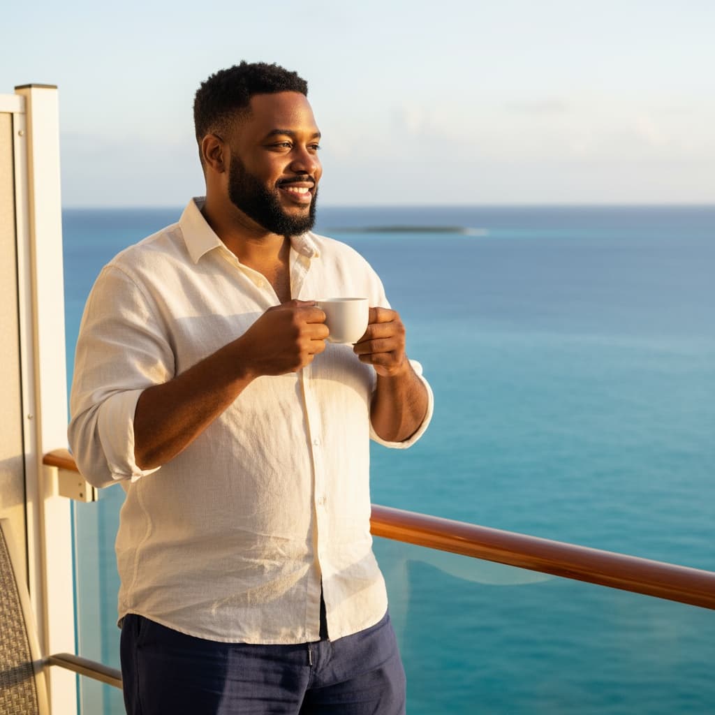 curve black man cruise ship balcony morning 92926947