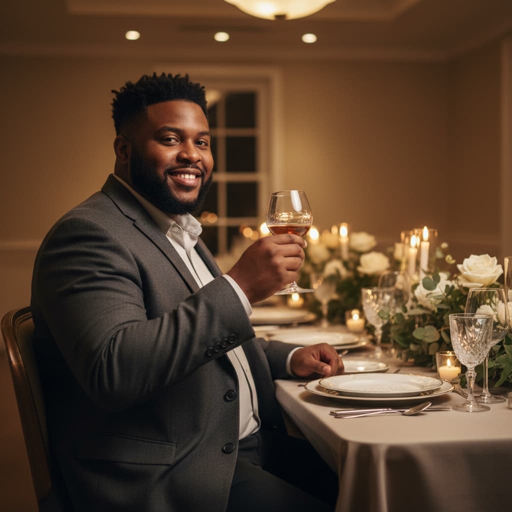 curve black man dining table celebration 72521189