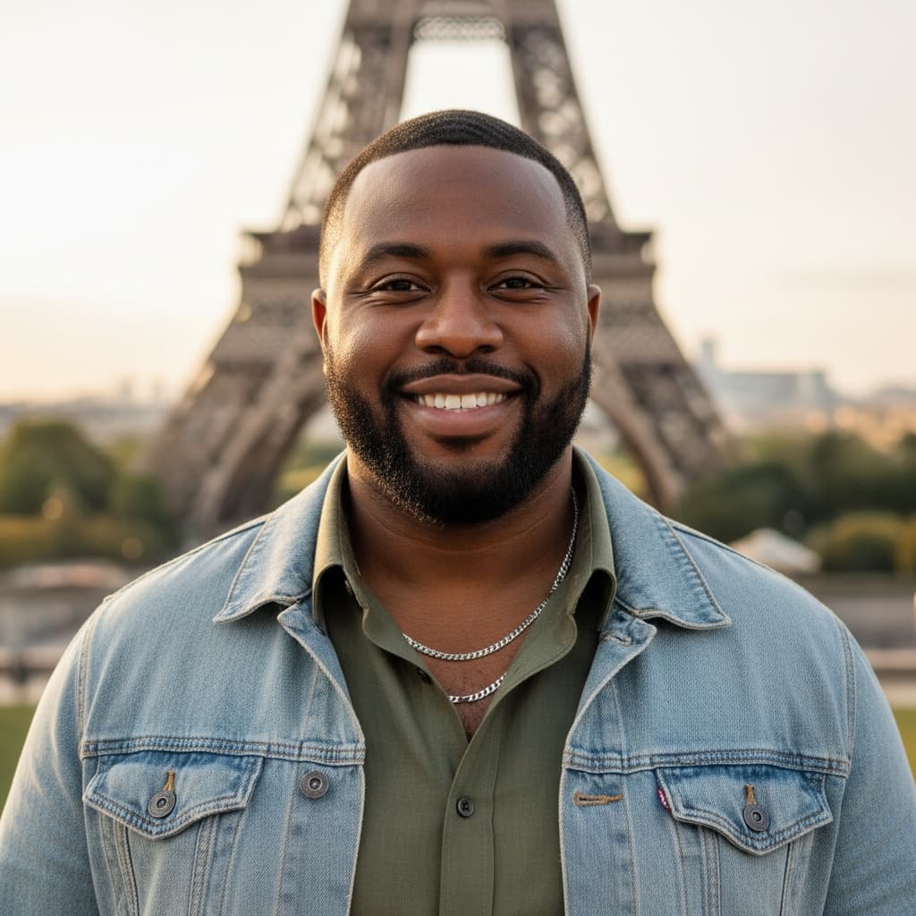 curve black man eiffel tower close portrait 50314102