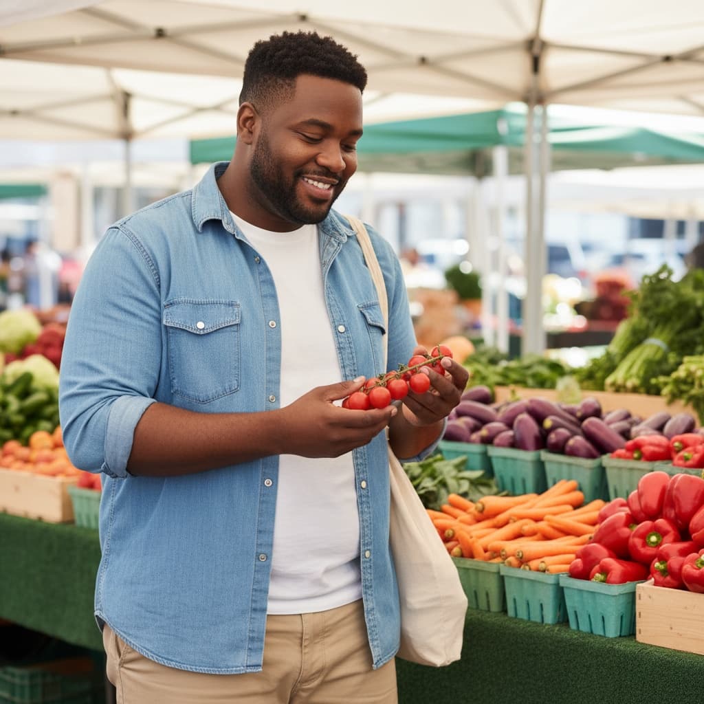 curve black man grocery shopping farmers market 28160260