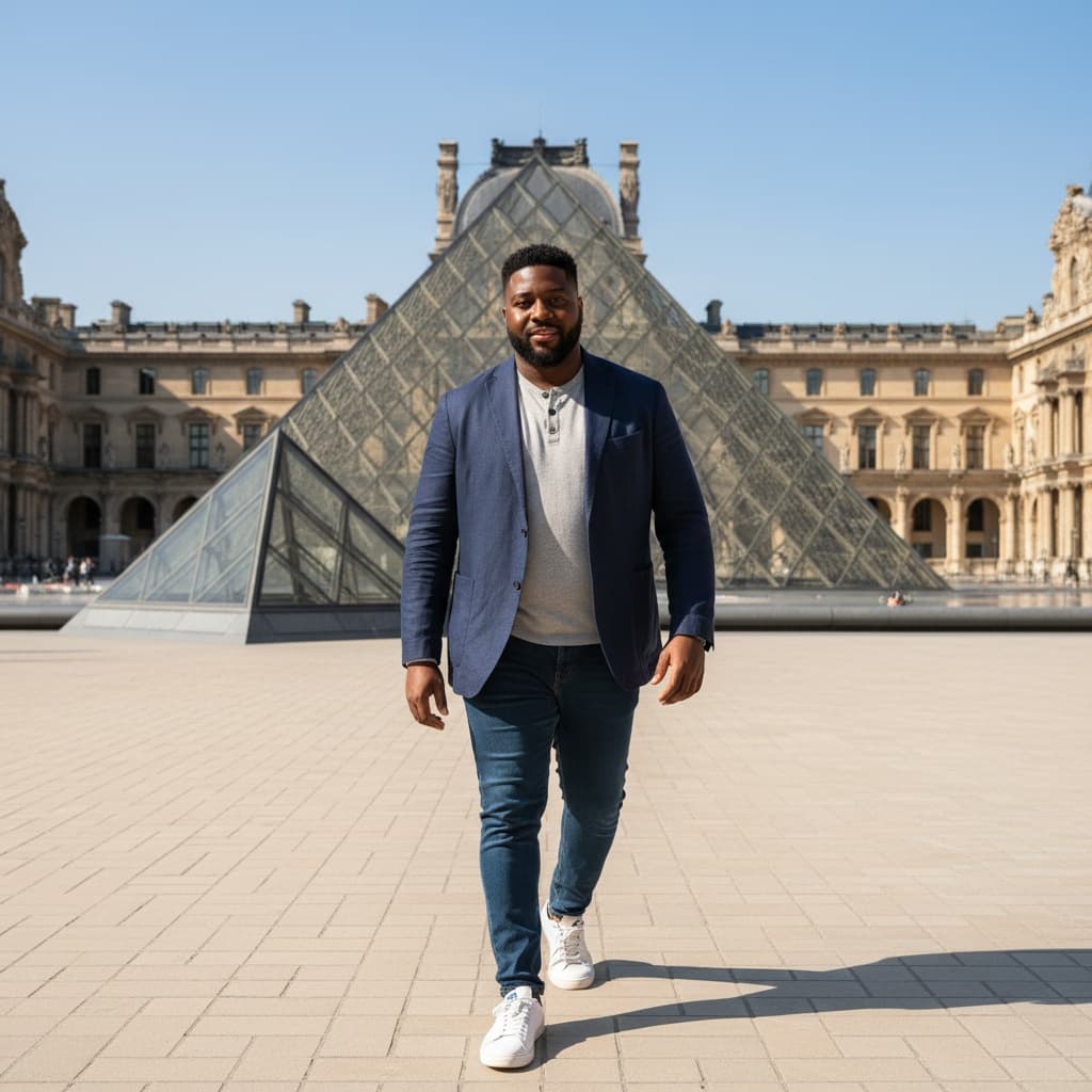 curve black man louvre pyramid courtyard 94572796