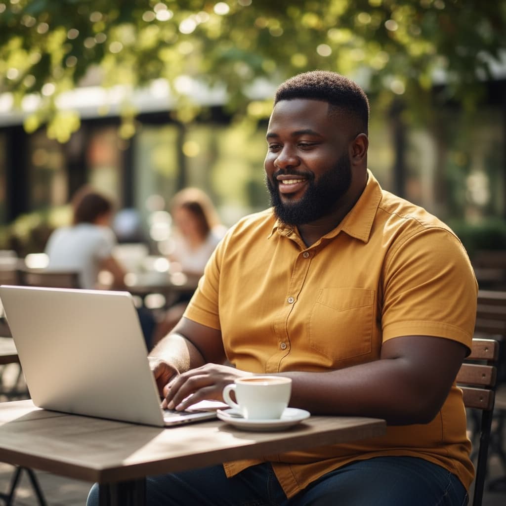 curve black man outdoor cafe laptop 84545783