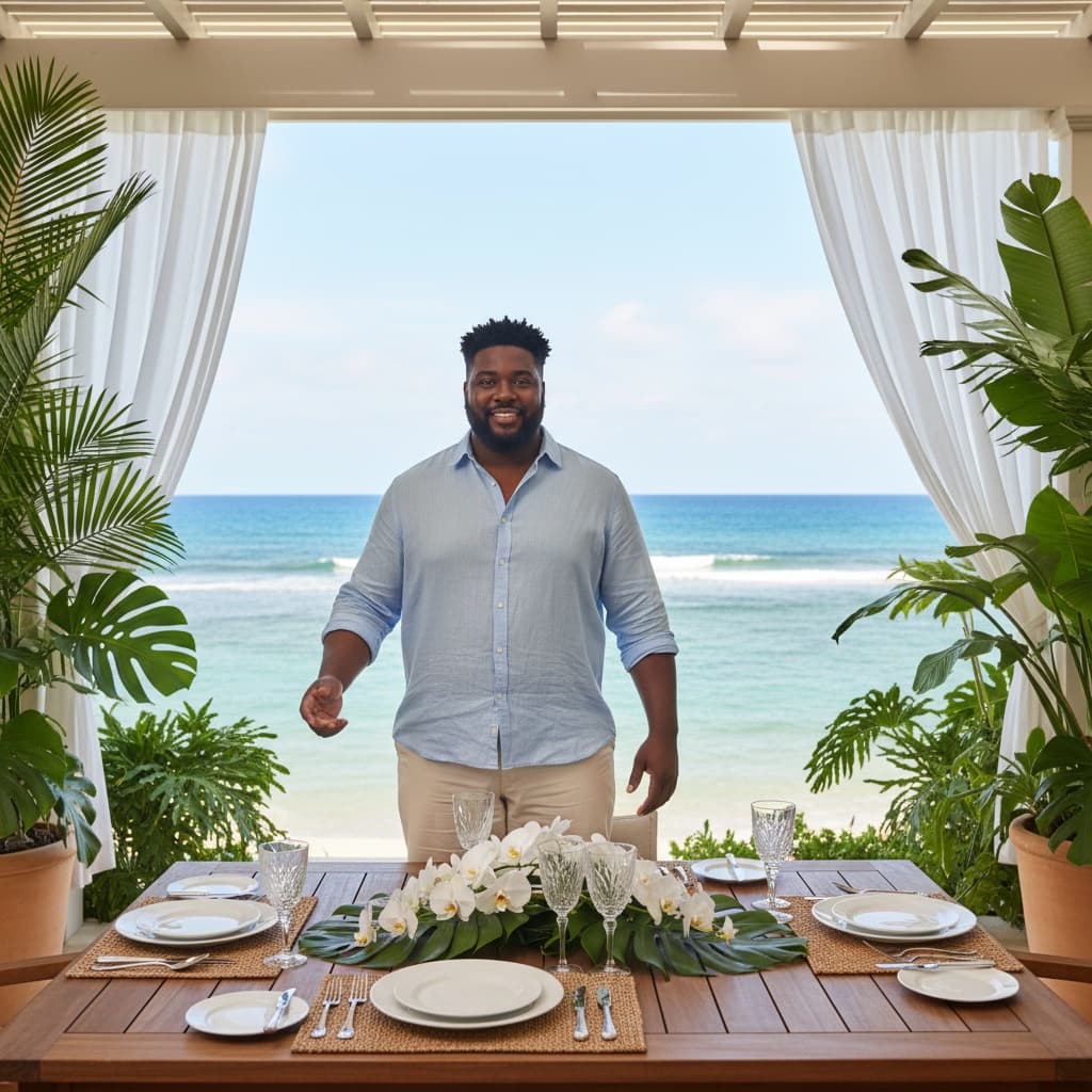 curve black man outdoor dining terrace 70069777