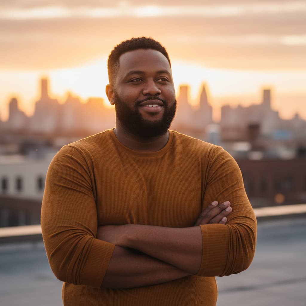 curve black man rooftop golden hour 92266350