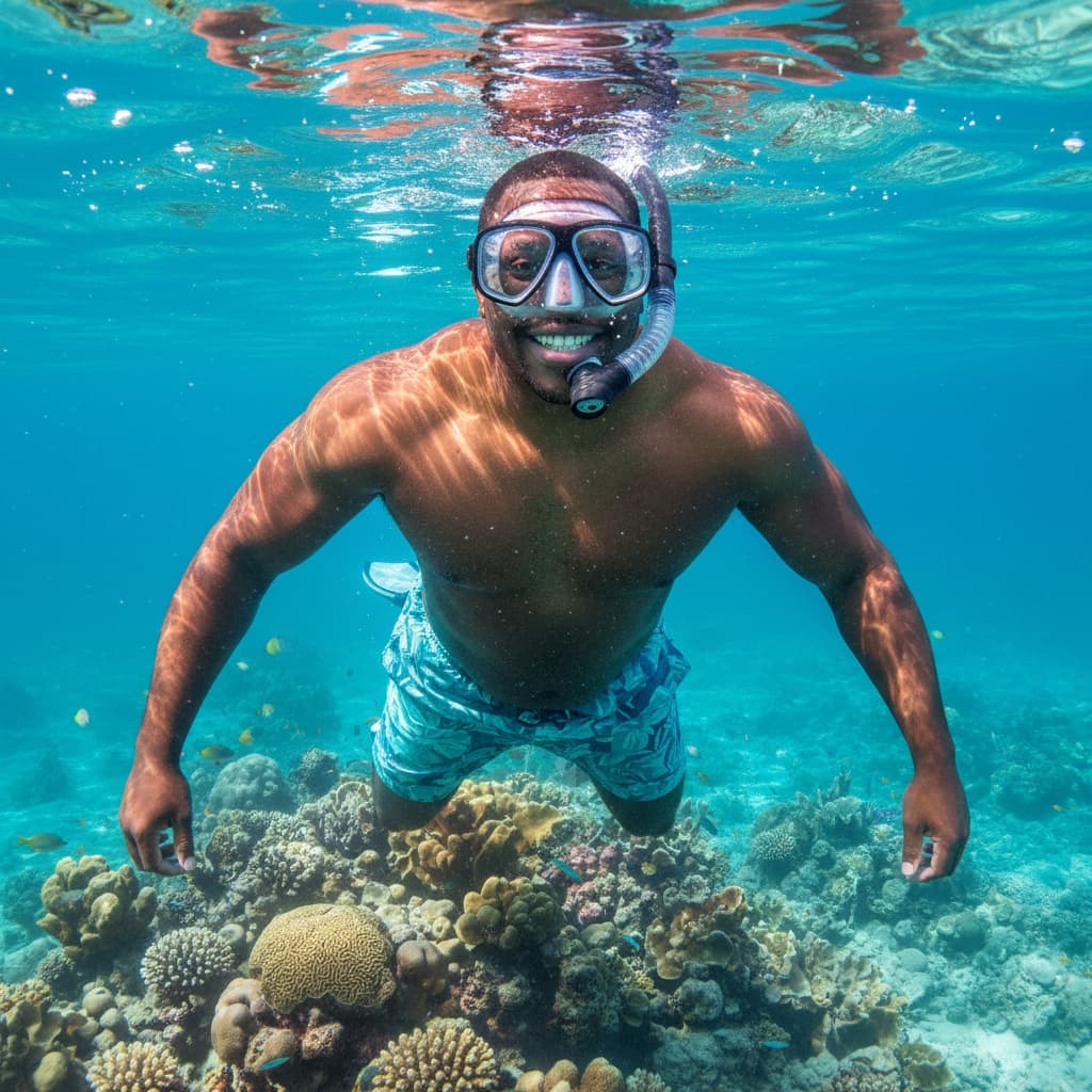 curve black man snorkeling turquoise water 82852131