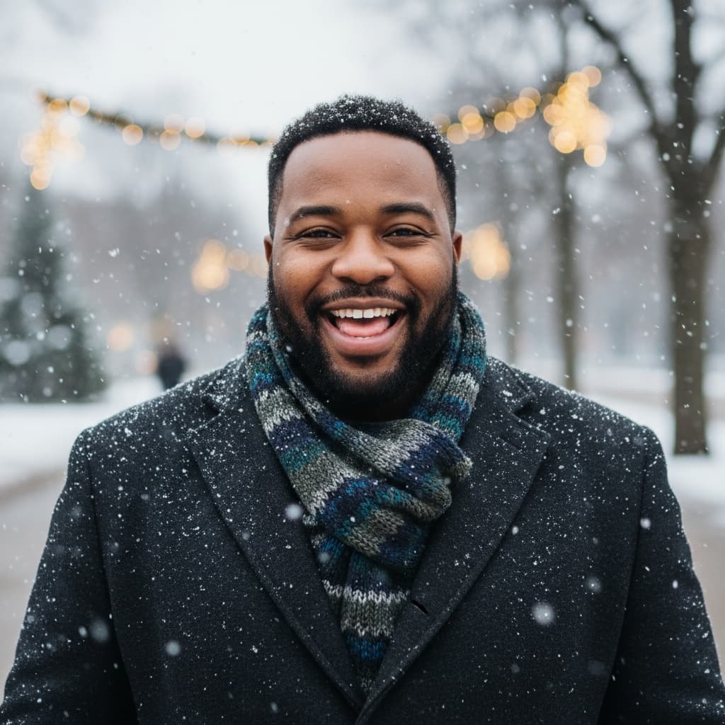 curve black man snowy outdoor portrait 84462907