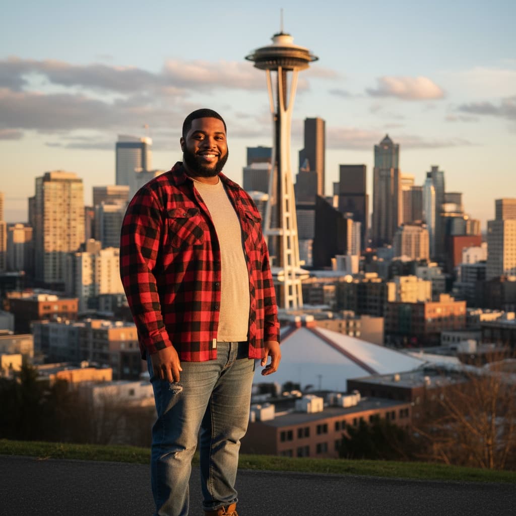 curve black man space needle golden hour 78418863