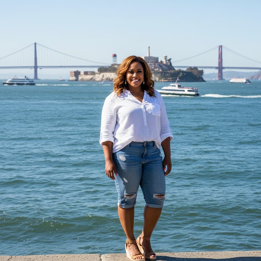 curve black woman alcatraz island view 87394740