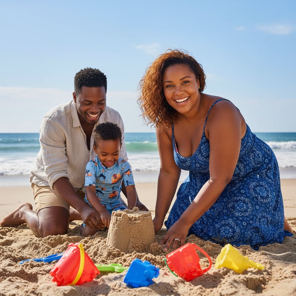 curve black woman building sandcastle playful 61797408