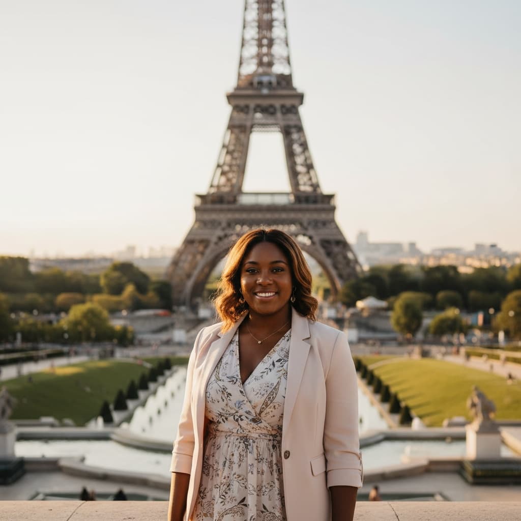 curve black woman eiffel tower golden hour 86441755
