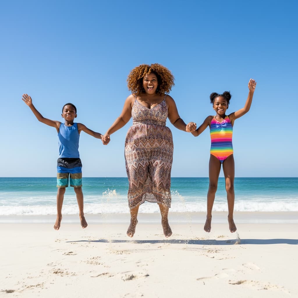 curve black woman jumping beach action 96214305