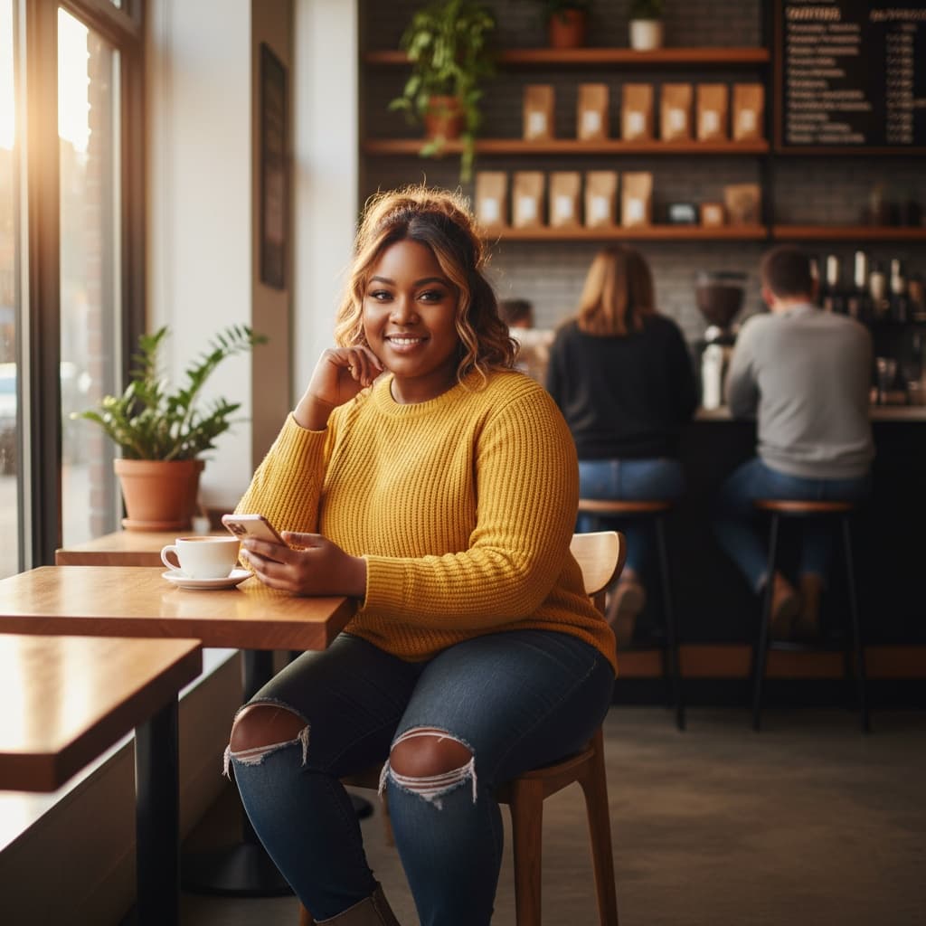 curve black woman lifestyle coffee shop casual 88699392