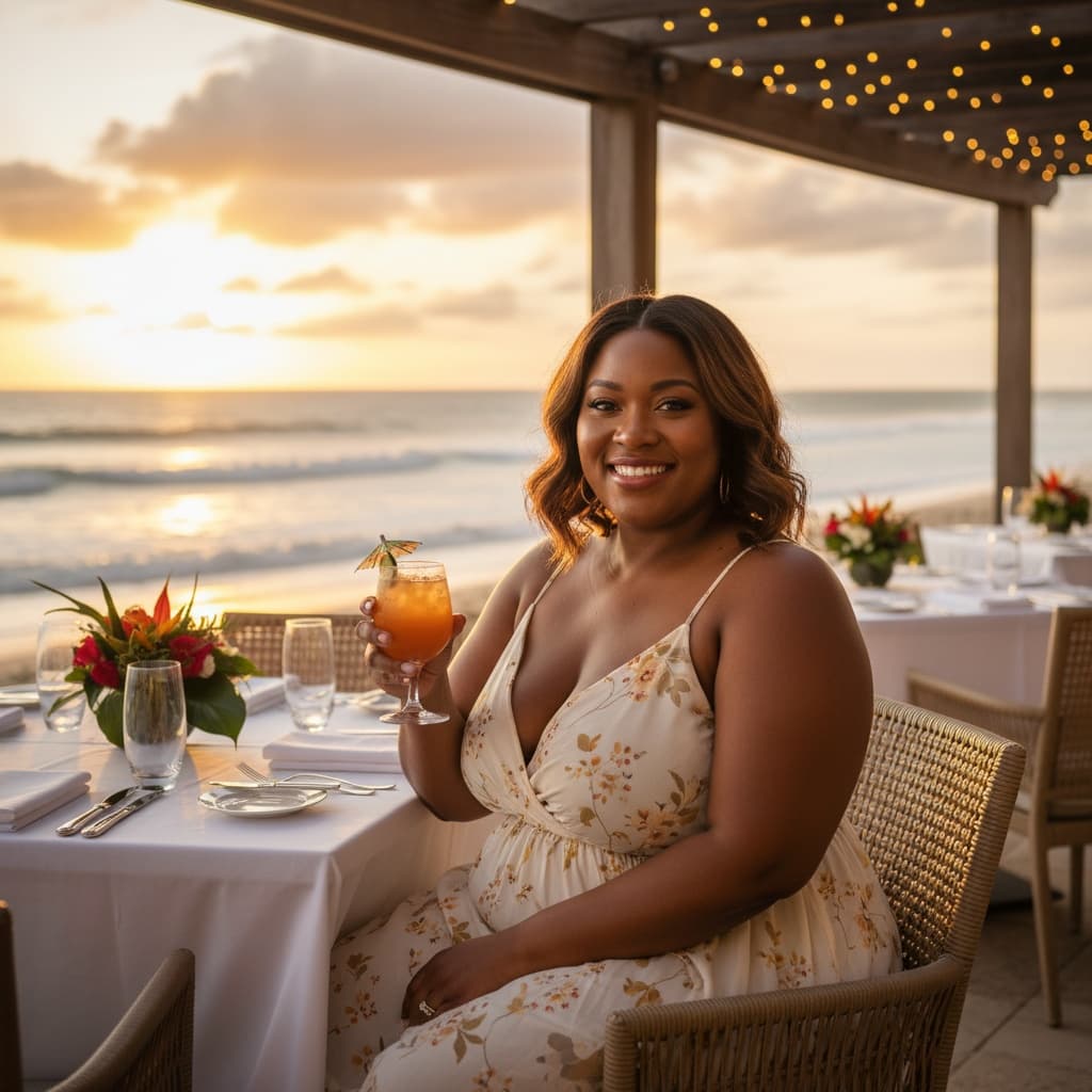curve black woman oceanfront dining sunset 16742074