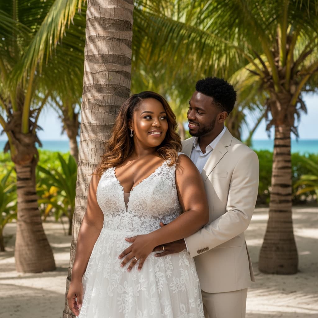 curve black woman palm tree intimate moment 60969552