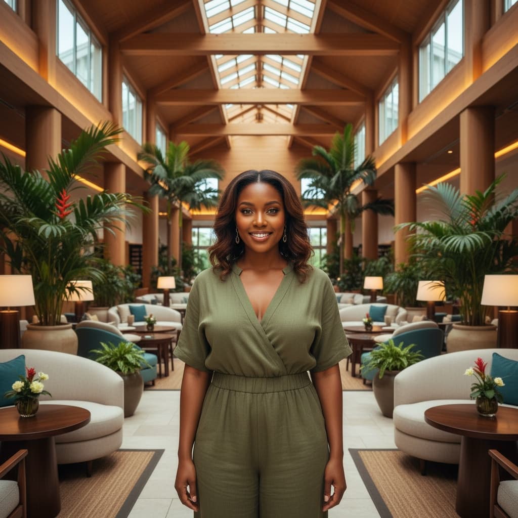 curve black woman resort lobby tropical luxury 57109875