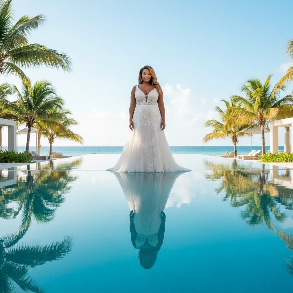 curve black woman resort pool reflection shot 19473353
