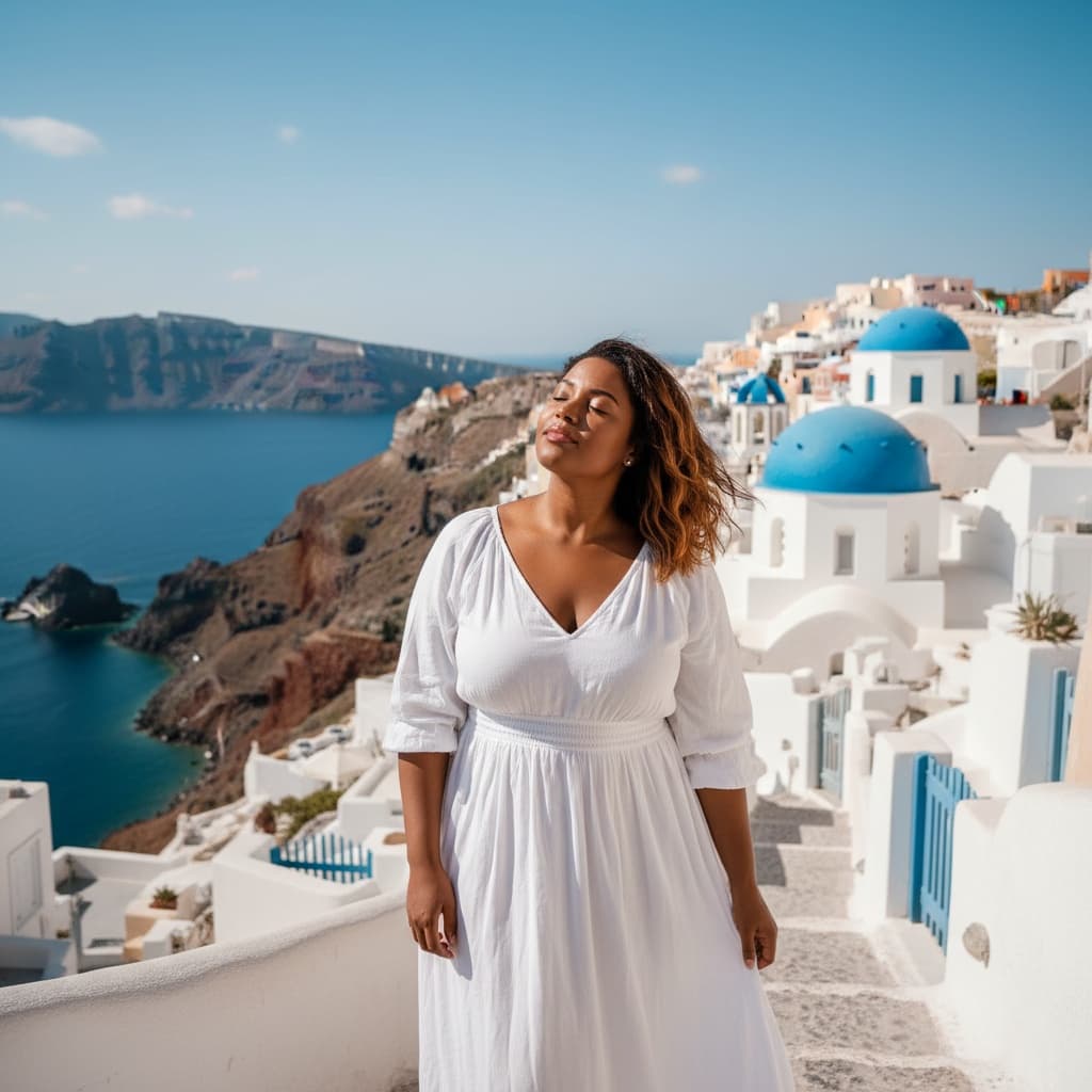 curve black woman santorini blue domes 90641548