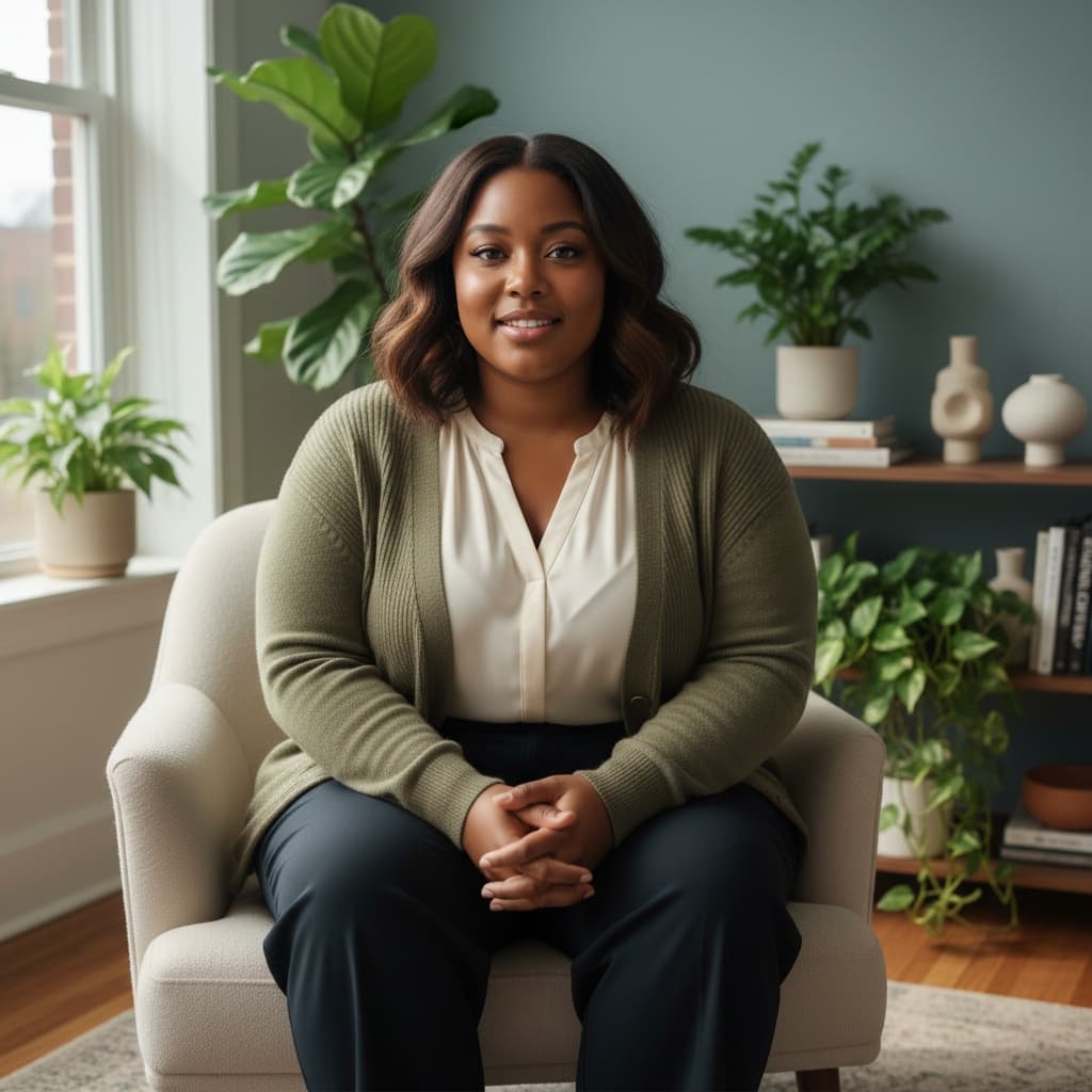 curve black woman seated consulting room 91820975