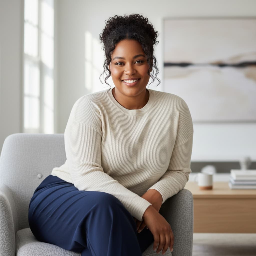 curve black woman sitting relaxed lifestyle pose 62577037