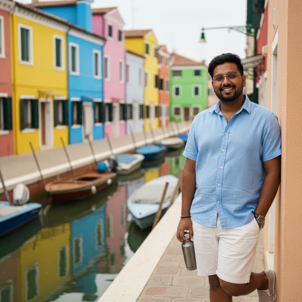 curve indian man colorful burano houses 93849273