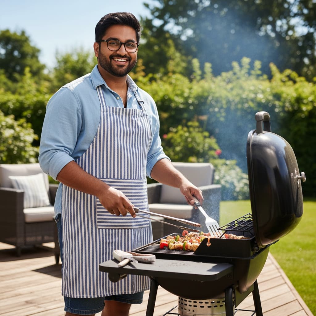 curve indian man dad grilling backyard 50456355